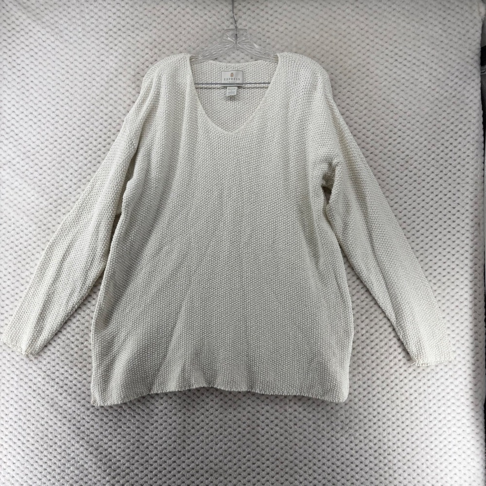 Vintage Express Tricot Ivory Knit Sweater 90s Women L Long Sleeve Cotton‎ Blend